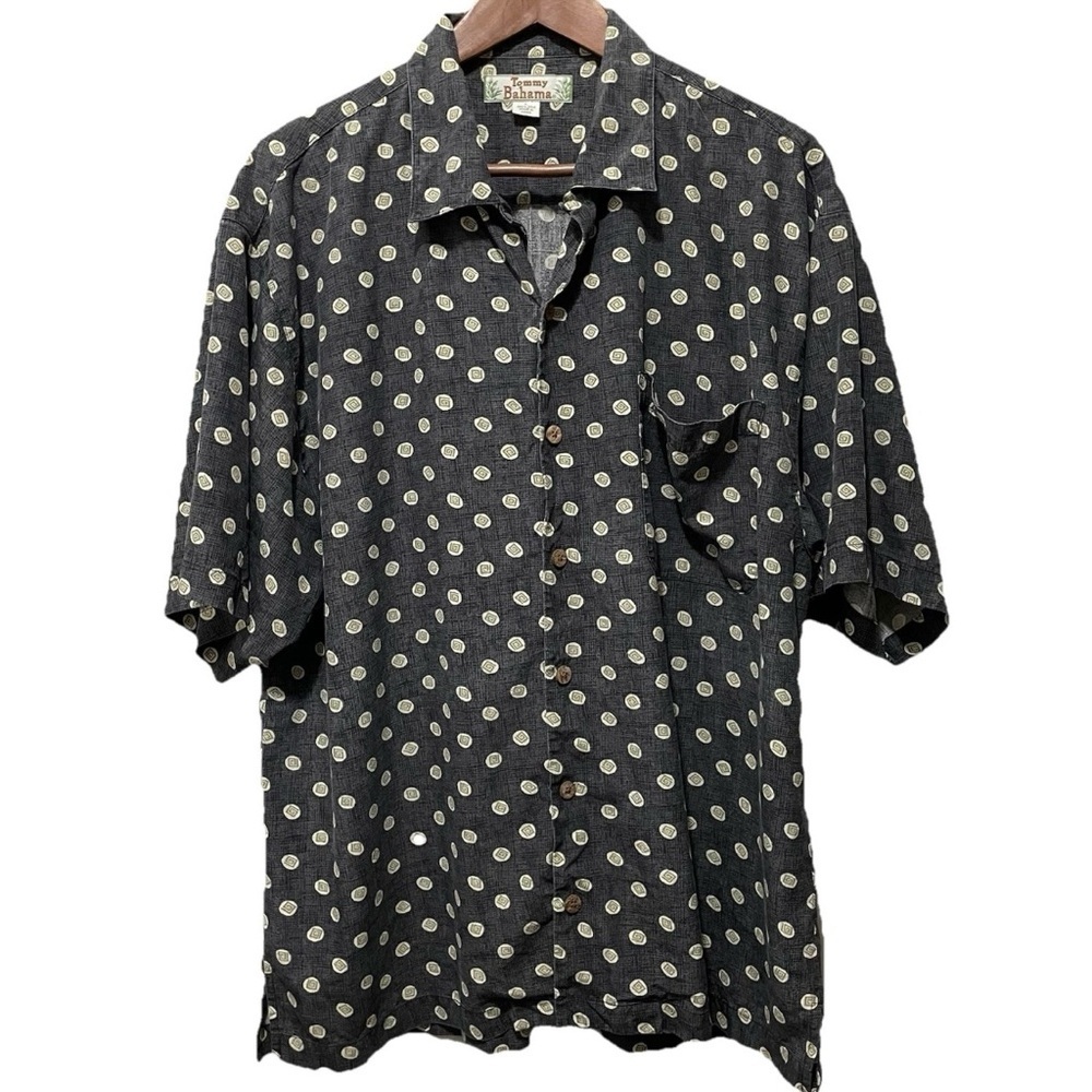 Tommy Bahama Silk Button Up Shirt Mens Large Gray Geometric Circle Camp Resort